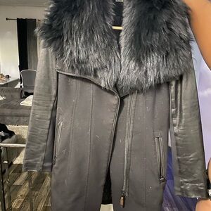 RUDSAK Black Trench Coat with Faux Fur Collar